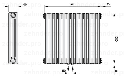 Схема (чертеж) Радиатор Zehnder Charleston 3100/13 №5410 Белый глянцевый RAL 9016